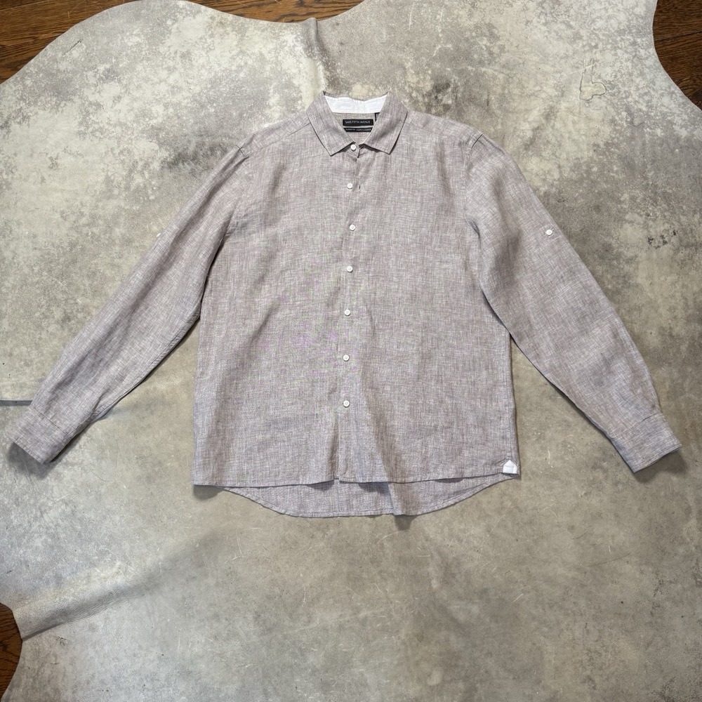 Saks Fifth Avenue Shirt Mens Size XL Khaki Classic Fit Long Sleeve 100% Linen